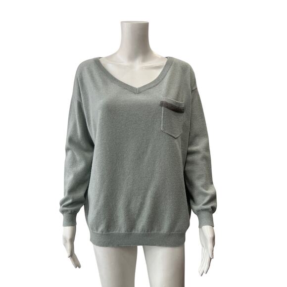 $995 Brunello Cucinelli Sage Teal Cashmere V-Neck Pullover Sweater size Small - Picture 1 of 10